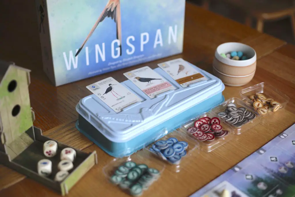 Wingspan board with cards and pieces, best solitaire board game, Wingspan solo board game