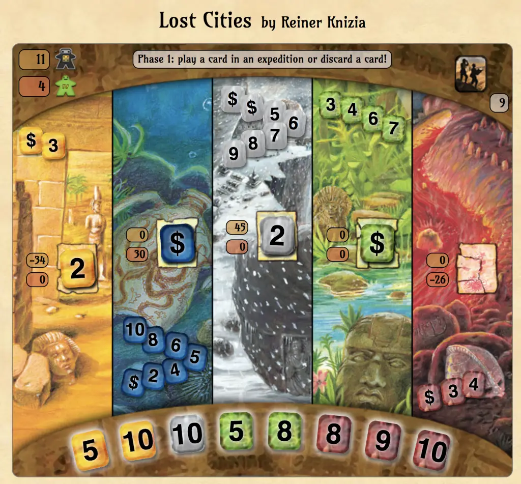 A game of Lost Cities on HappyMeeple.com with different colors and tiles numbered 1-10 and $ signs.